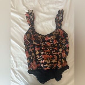 Free People Floral Lace Bodysuit - Black and Pink
